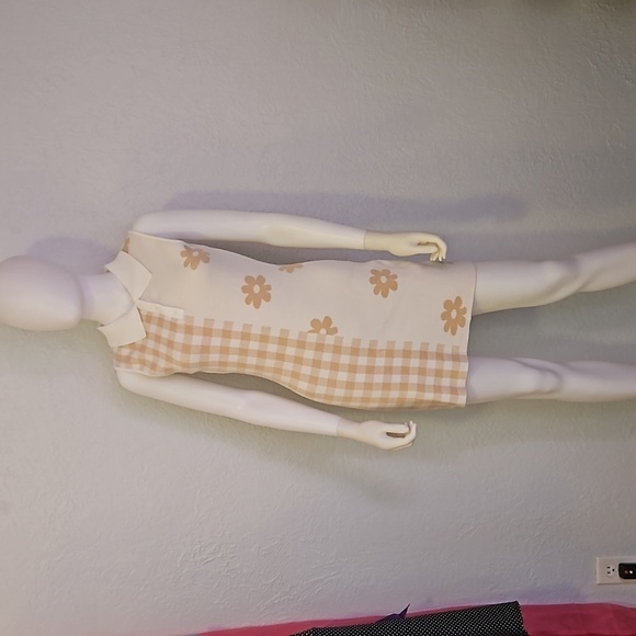 LE LIS Cream Tan Check Floral Mod Sleeveless Sweater Mini Bodycon Micro Dress - Picture 3 of 9